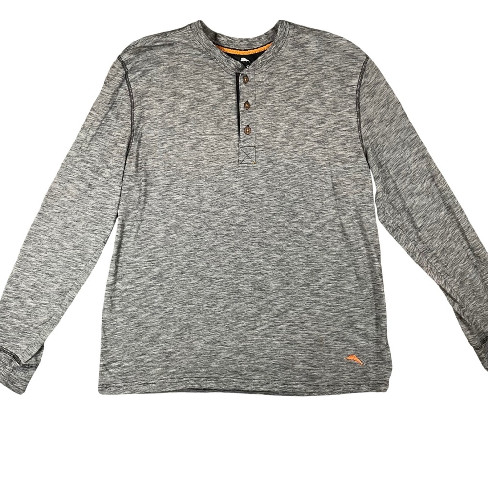 Tommy Bahama Mens Long Sleeve Henley Shirt Size Large Gray Marlin Logo‎ Cotton